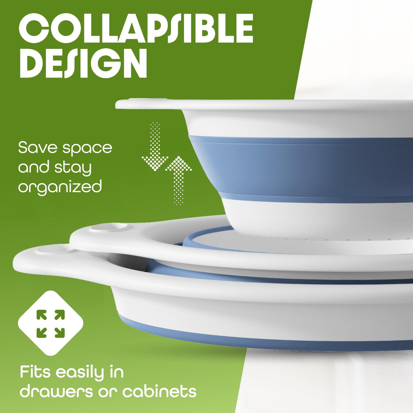Collapsible Colander Strainer, Includes Over-sink Countertop Draining Base (5QT) Large Kitchen Drainer for Vegetables Fruit and Pasta, Round Foldable Draining Basket, Easy Storage (White)