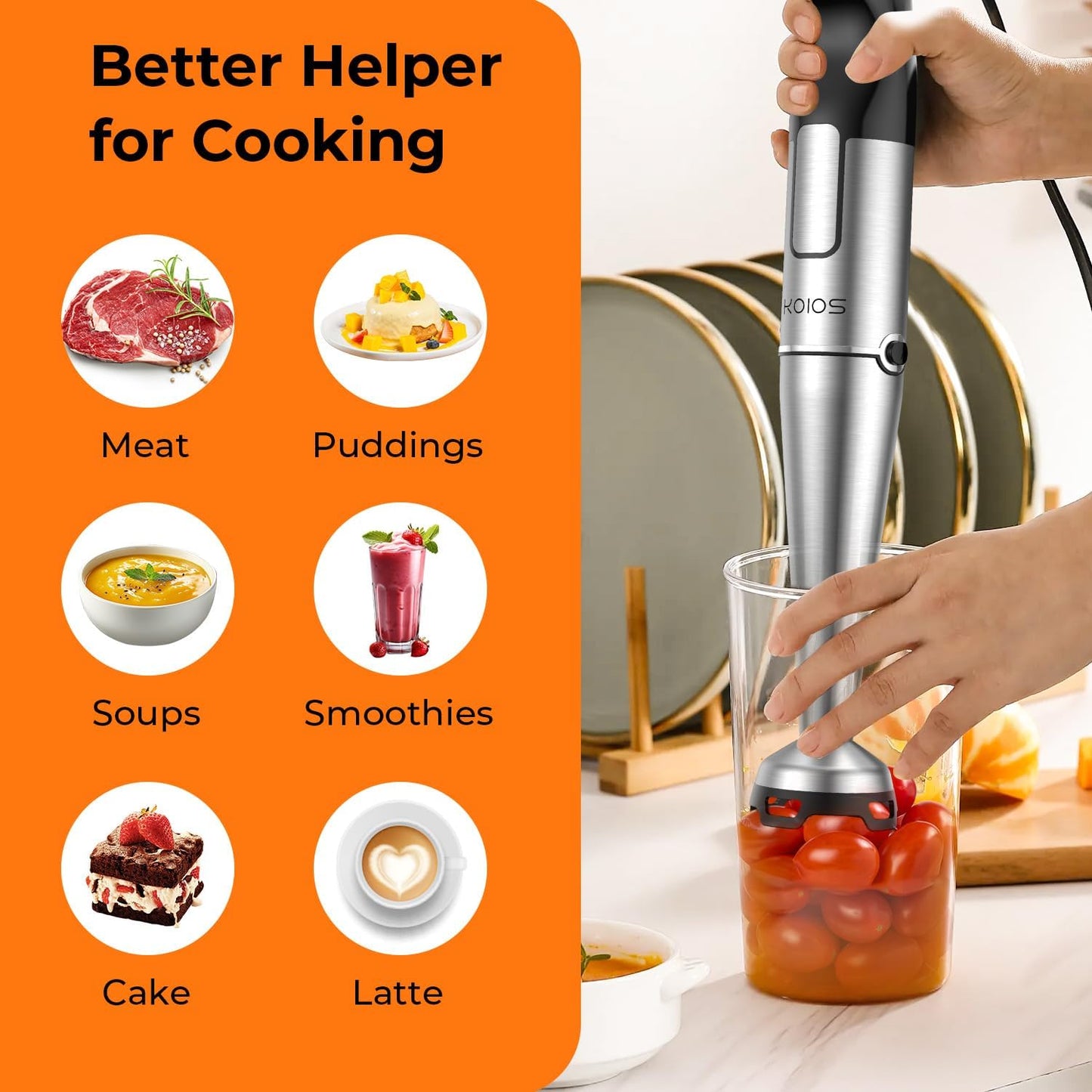 KOIOS Immersion Blender Handheld - Trigger Variable Speed 5-in-1 Immersion Hand Blender 1100W, Anti-Scratch Stainless Steel Shaft, Chopper & Milk Frother, Non-BPA for Soup, Baby Food and Smoothies