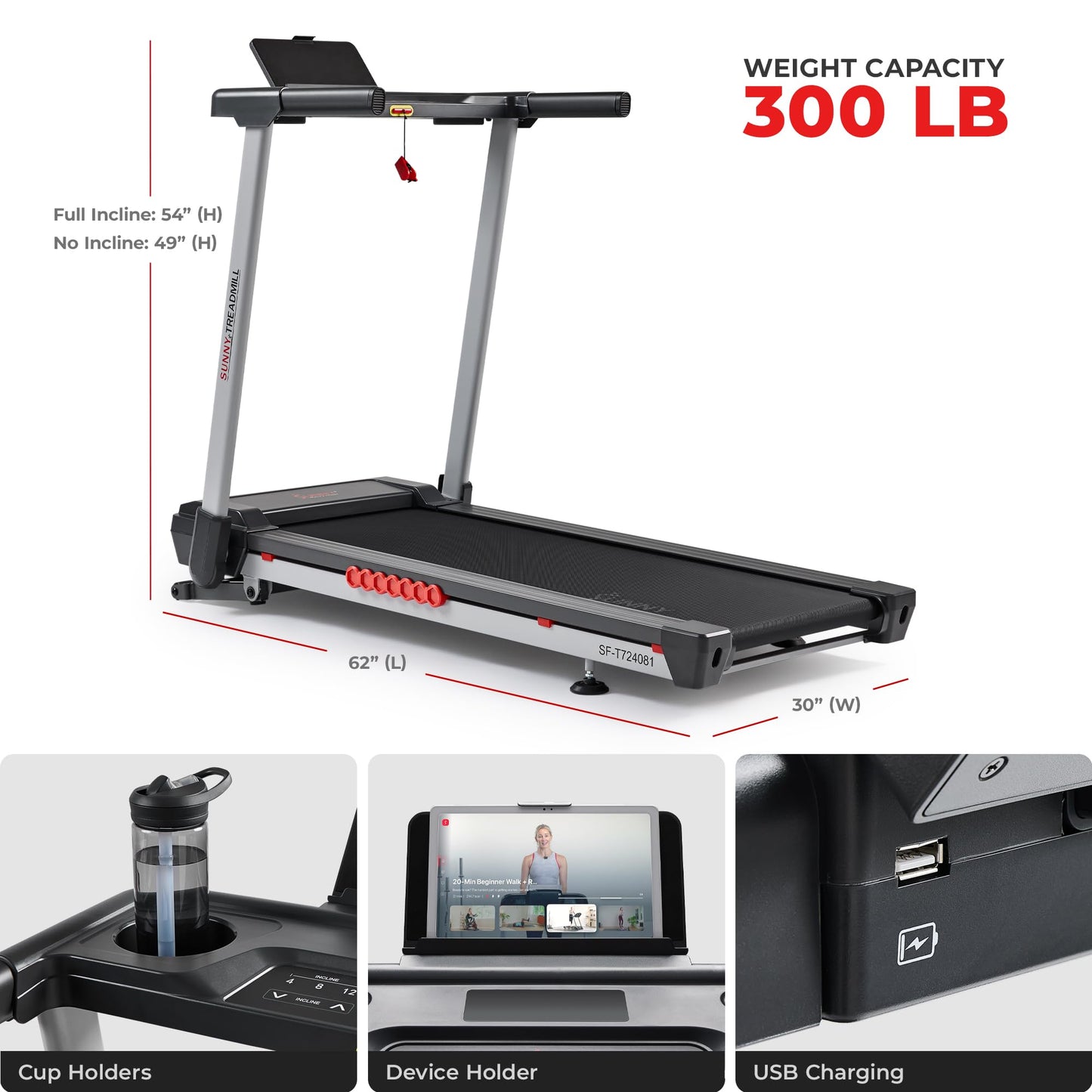 Sunny Health & Fitness Pace 500 Smart Wi-Fi Treadmill with 12-Level Auto Incline, 18" Running Belt, Quiet Brushless Motor, Digital Display, Bluetooth & SunnyFit App – SF-T724081