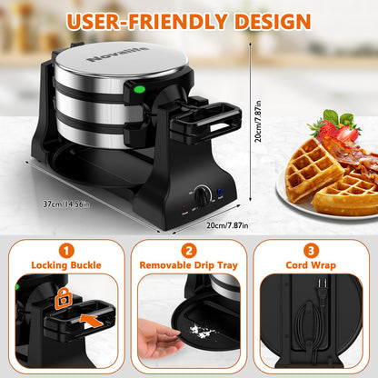 Waffle Maker, 1400W Belgian Waffle Maker, Double Waffle Iron 180° Flip, Rotating Nonstick Plates, Adjustable Browning Control, Locking Buckle & Cool Touch Handle, Removable Drip Tray, Stainless Steel