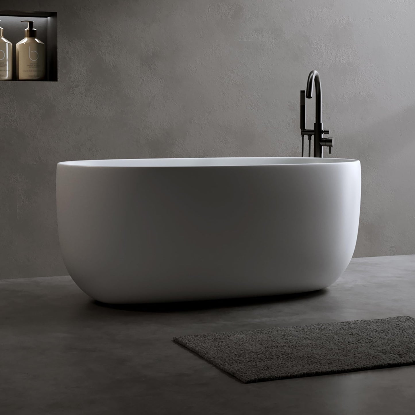 Favfurish 47" Freestanding Stone Resin Bathtub,Oval Shape Contemporary Soaking Tub w/Pop-Up Drain & Overflow, Compact Design for Small Spaces, Matte White