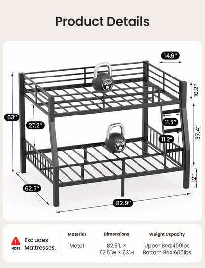 Mixcous Full XL Over Queen Bunk Bed for Adults, Heavy Duty Metal Bed Frame with Full-Length Guardrails & Anti-Slip Ladder, Noise-Free, No Box Spring Needed, Space Saving Queen Bunk Bed, Black