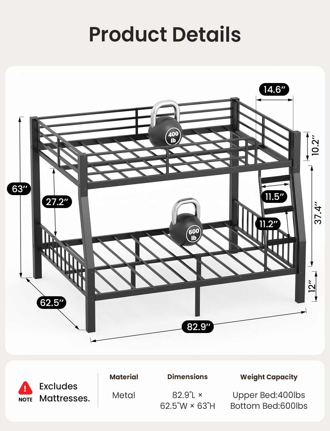 Mixcous Full XL Over Queen Bunk Bed for Adults, Heavy Duty Metal Queen Bunk Bed Frame with Reinforced Steel Slats, Full-Length Guardrails & Anti-Slip Ladder, Noise-Free, No Box Spring Needed, Black