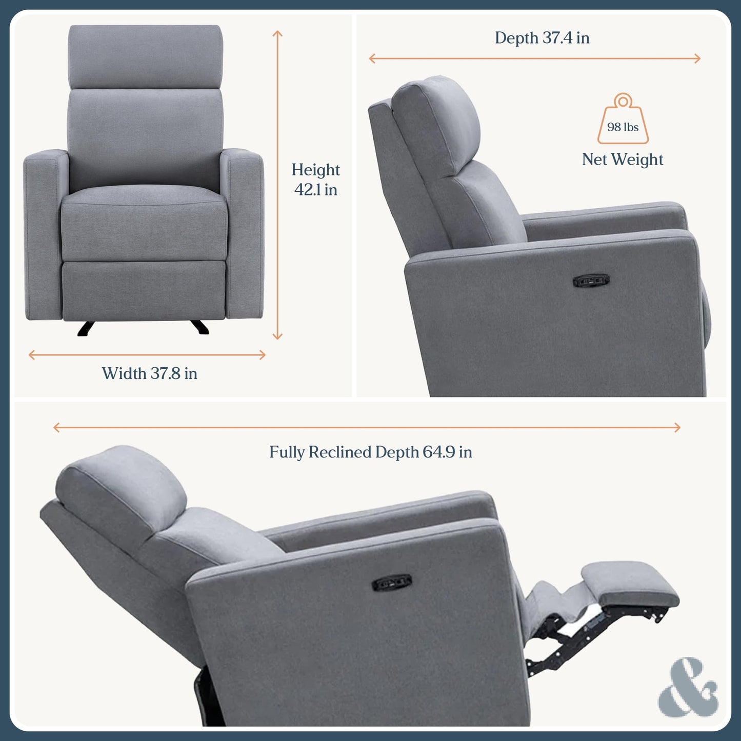 Nurture& The Glider Premium Power Recliner Nursery Glider Chair with Adjustable Head Support | Designed with a Thoughtful Combination of Function and Comfort | Built-in USB Charger (Gray)