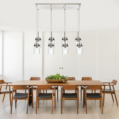 BONLICHT 8 Light Farmhouse Chandelier for Dining Room, Modern Industrial Foyer Linear Pendant Light Traditional Brushed Nickel Kitchen Island Lighting Fixture Hanging Ceiling Lights with Clear Glass