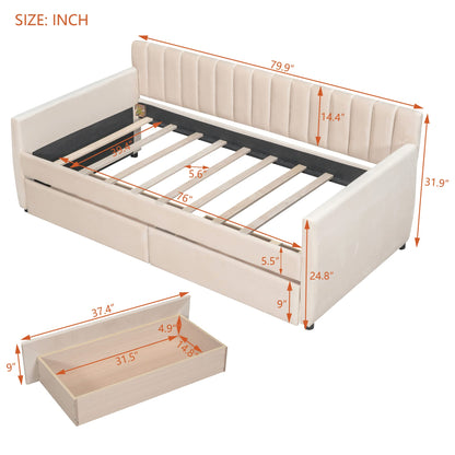 Merax Upholstered Daybed with 2 Drawers, Twin Size Bed Frame with Storage and Wood Slat Support, Beige