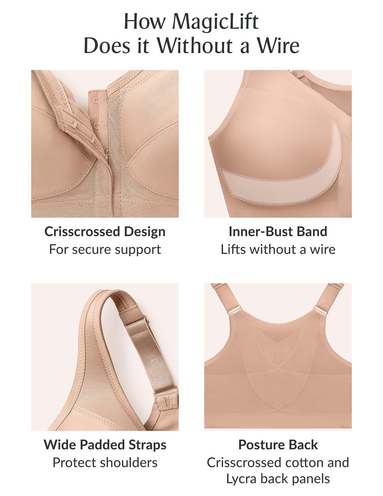 Glamorise Full Figure Plus Size MagicLift Front-Closure Posture Back Bra Wirefree #1265 White 42DD