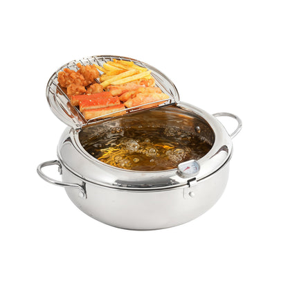 PUCOHOUSE Deep Fryer Pot, Japanese Frying Pot 4.2L/4.5Qt Large, 304 Stainless Steel Tempura Fryer with Lid, Thermometer and Oil Drip Drain Rack for Family Cooking