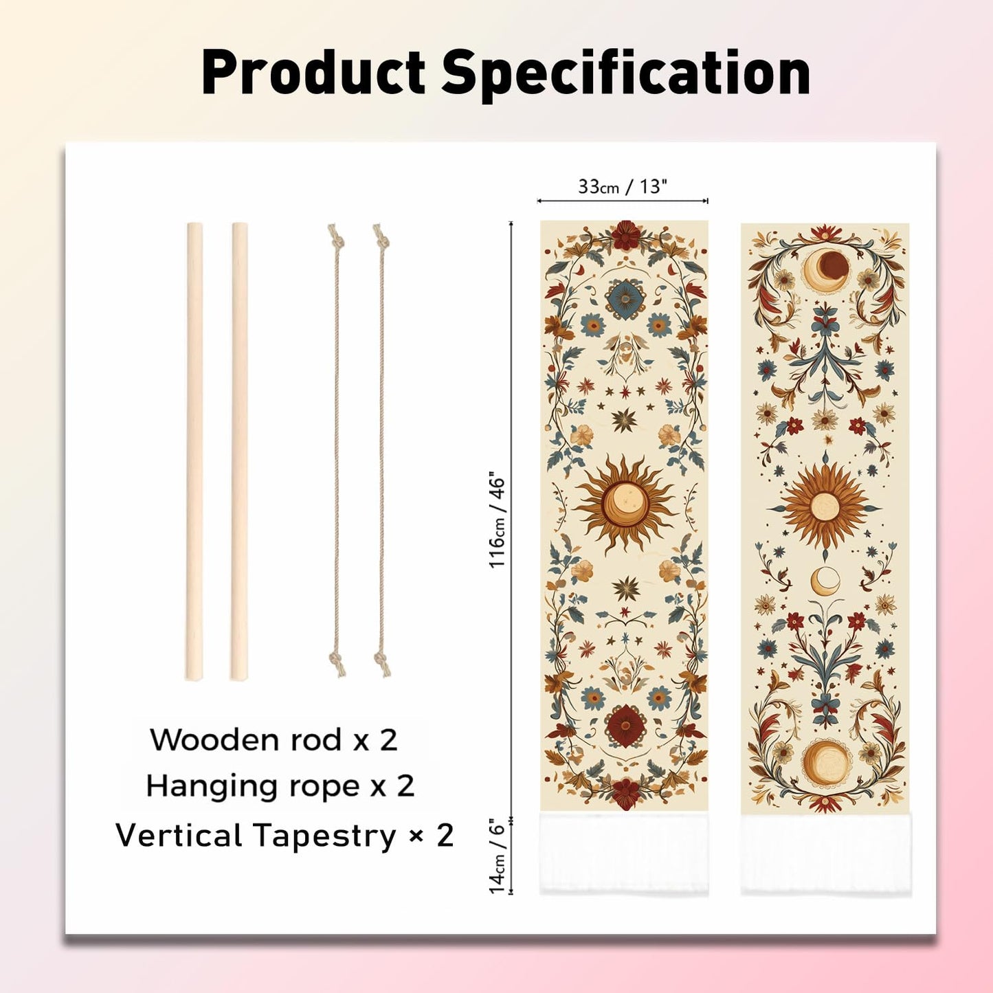 PLIGREAT 2 Pack Sun Moon Wall Hanging Long Narrow Tapestry Aesthetic Wall Tapestry for Bedroom Living Room Bathroom Home Office Decor
