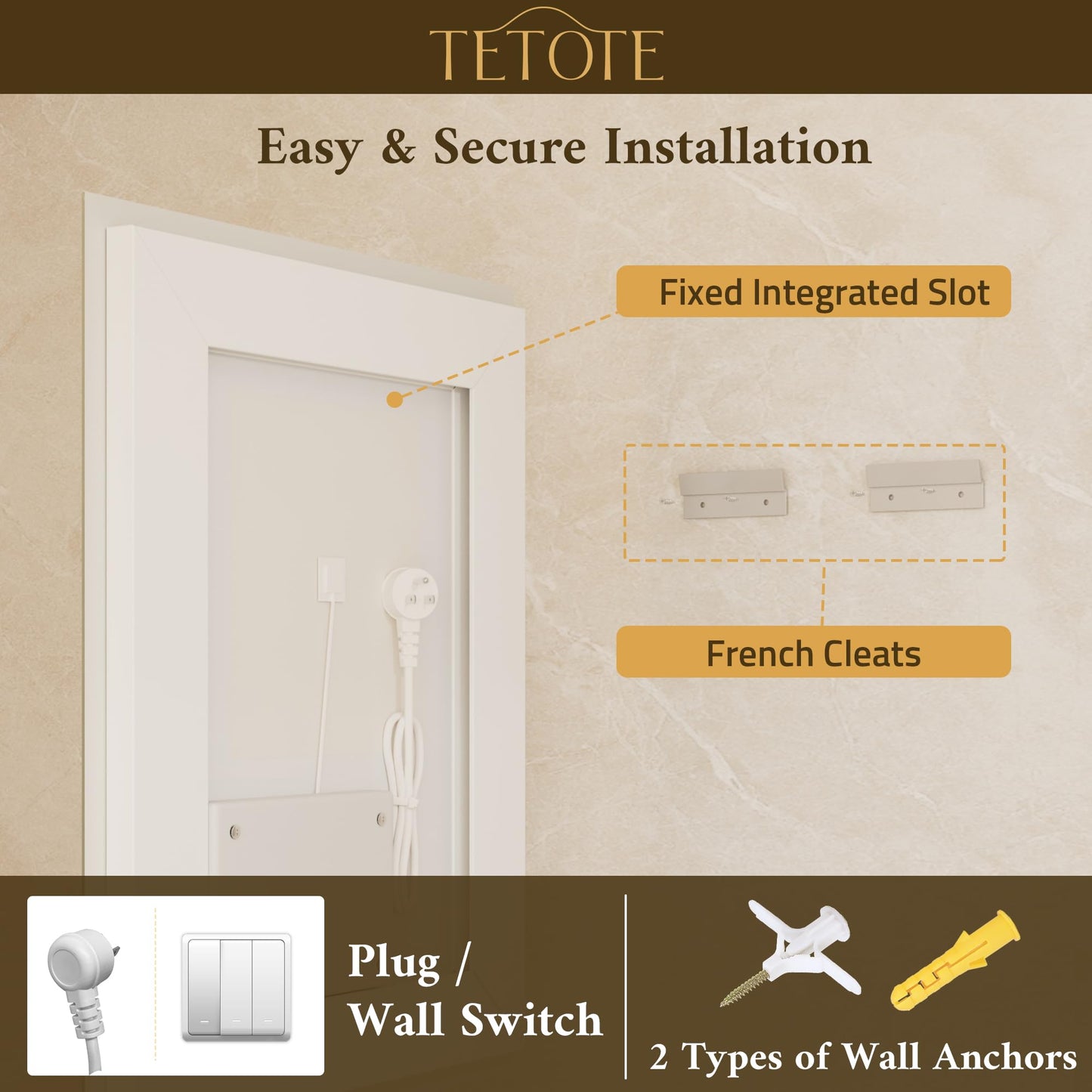 TETOTE 72 x 36 Inch Led Lighted Mirror for Bathroom Wall, Extra-Bright Beveled Bathroom Vanity Frontlit & Backlit Frameless Mirror with 3-Color Lights, Defogging, Tempered Glass, Waterproof