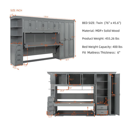 Merax Twin Size Murphy Bed with Desk, Multifunctional Wood Foldable Wall Bed with Wardrobe, Drawers and Cabinet, Space-Saving Hidden Bed for Guest Room Office, No Box Spring Needed, Grey