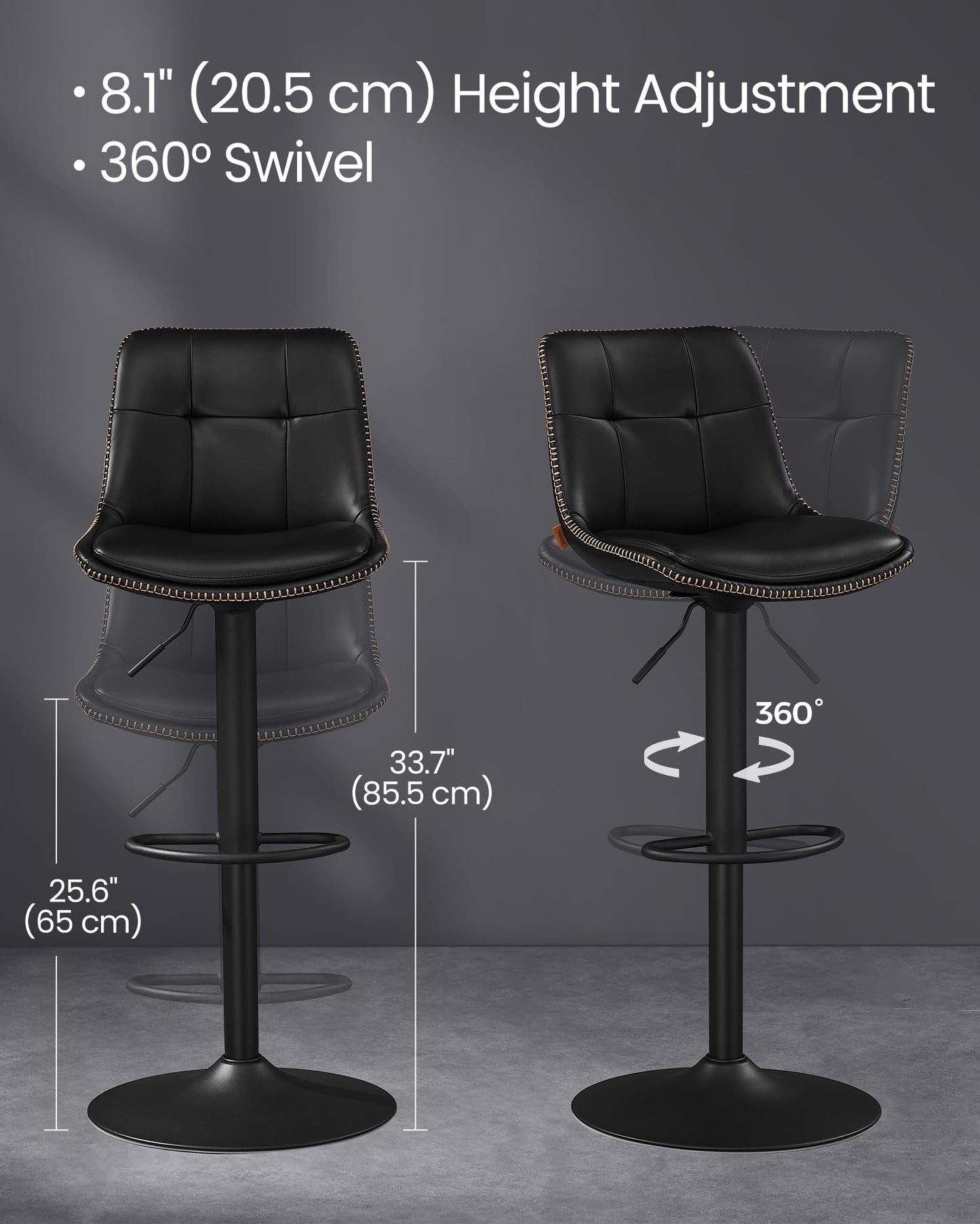 VASAGLE Bar Stools, Set of 4 Swivel Bar Chairs, Adjustable Height, Quilt, Synthetic Leather Kitchen Stools with Back and Footrest, Dining Room, Counter, Steel, Ink Black ULJB095BH01-2J