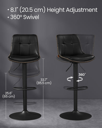 VASAGLE Bar Stools, Set of 4 Swivel Bar Chairs, Adjustable Height, Quilt, Synthetic Leather Kitchen Stools with Back and Footrest, Dining Room, Counter, Steel, Ink Black ULJB095BH01-2J