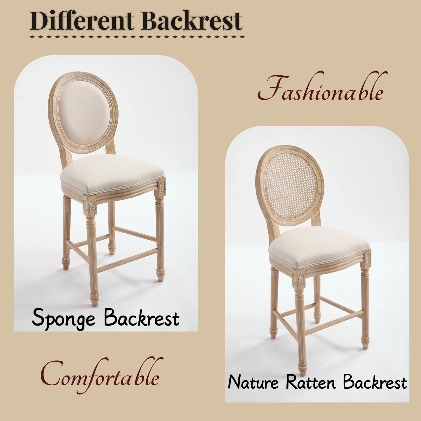 26" French Country Counter Height Chairs Set of 2,Upholstered Round-Back Bar Stools with Solid Wood Frame,Brushed Wire-Drawing Finish, Disassemblable Design for Kitchen,Living Room,Restaurant, Beige