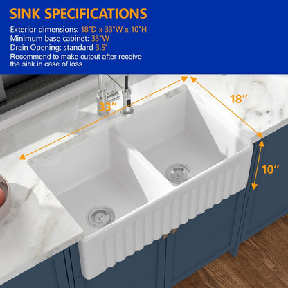Dcolora 33 In. White Fireclay Farmhouse Sink Reversible Apron Front Design, 50/50 Double Bowl Ceramic Porcelain Kitchen Sink, 33"W×18"D×10"H #DC-A8871