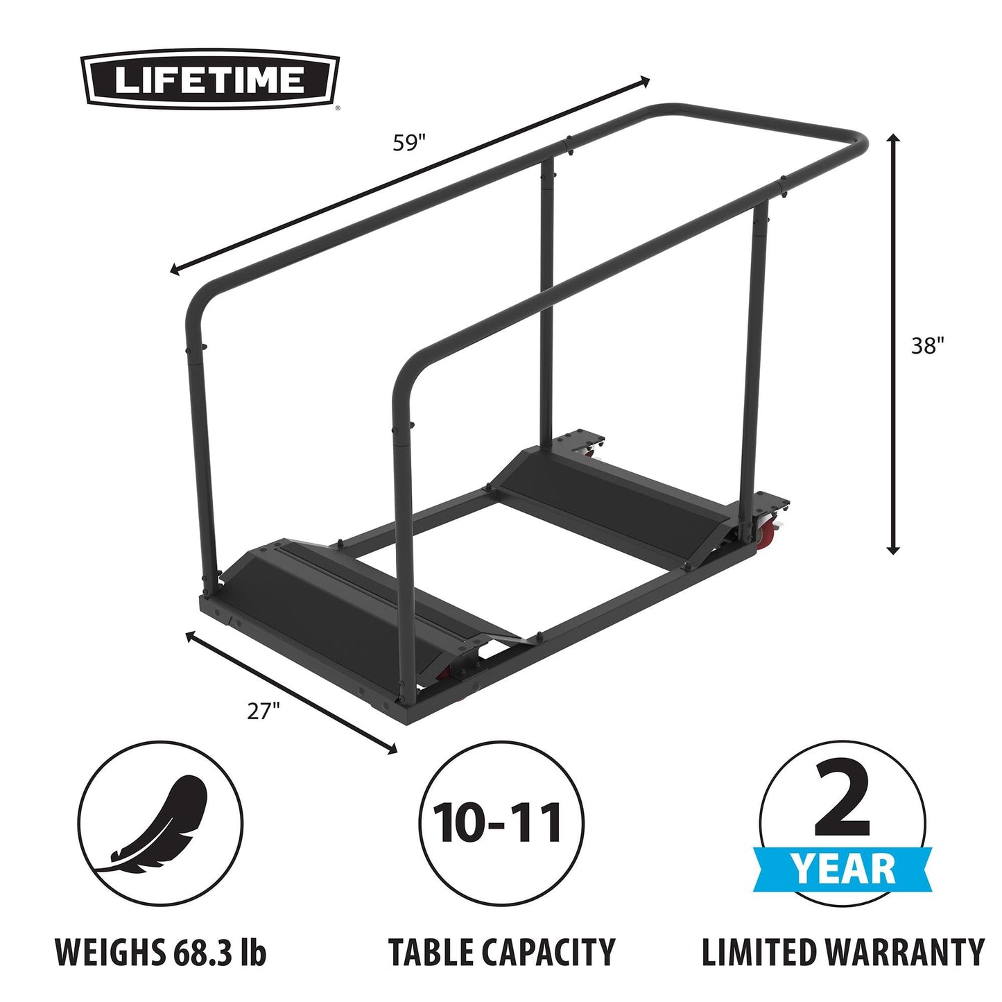 Lifetime Table Storage Cart with Caster Wheels, Black Powder-Coated Steel Frame, Holds 11 Rectangle or 10 Round Tables