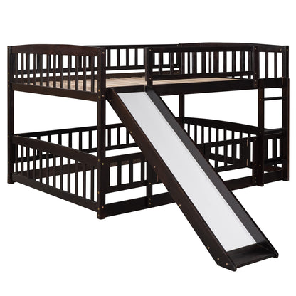 Bellemave Bunk Bed Full Over Full with Slide and Stairs, Bunk Bed for Kids, Girls, Boys, Floor Bunk beds with Fence and Door, Espresso