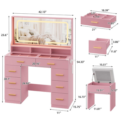 GAOMON Makeup Vanity Desk with Large Lighted Mirror, Vanity Desk with Glass Tabletop, 8 Drawers & 3 Storage Shelves, Vanity Set with Built-in Power Outlet for Bedroom & Dressing Area, Pink