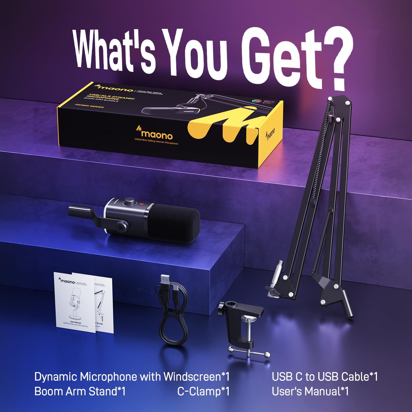 MAONO XLR/USB Gaming Microphone Kit: Dynamic PC Mic for Streaming Podcasting, Software Support, Mute Button, Gain Control, RGB Computer Mic with Boom Arm Stand, for Recording, PS4/PS5, PD100XS Black