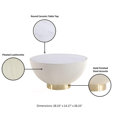 Manhattan Comfort Modern Anderson Coffee Table, 1.0 & 2.0 End Table, Upholstered in Cream Leatherette with Ceramic Faux Tabletop and Gold Metal Tabletop- Set of 3