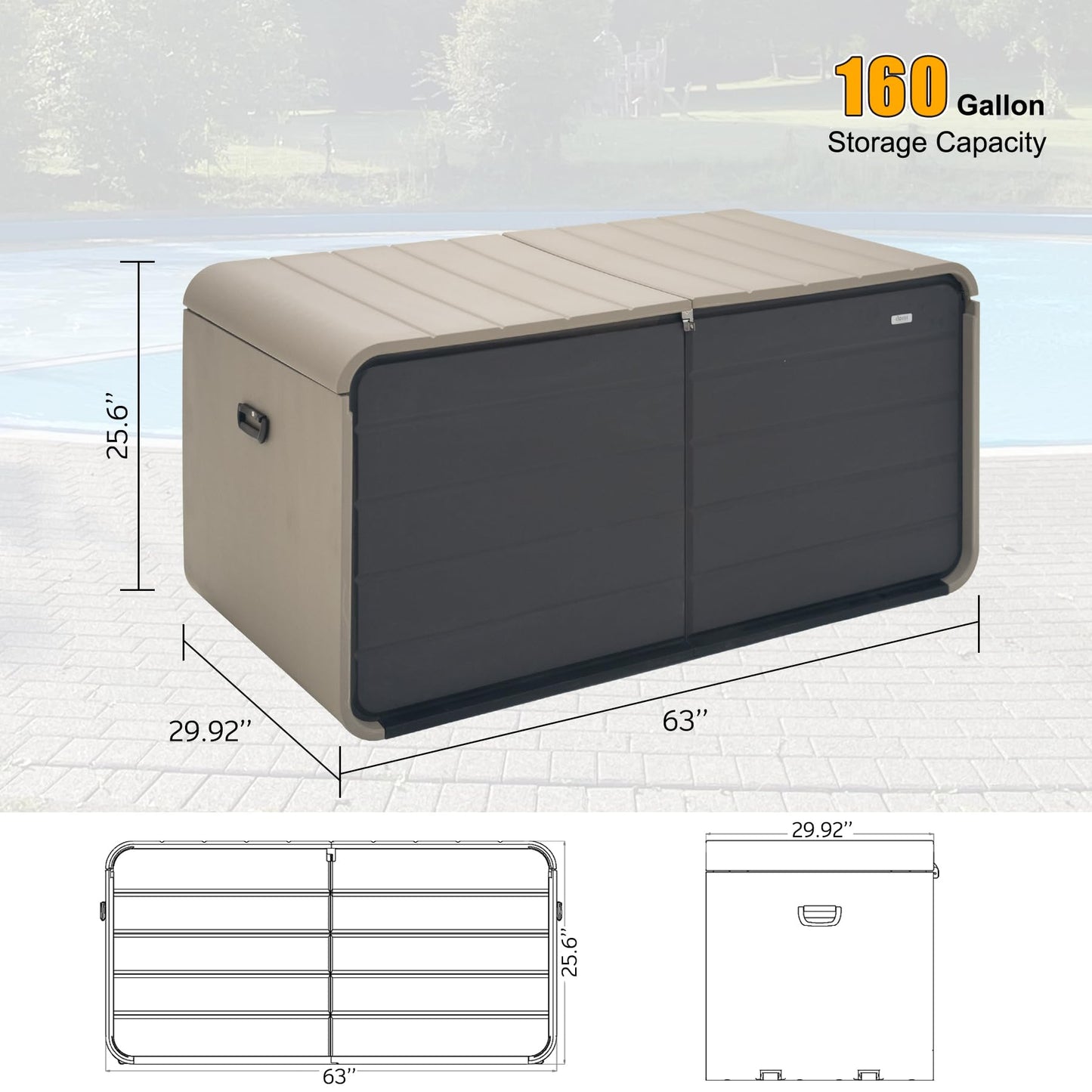 Domi 160 Gallon Resin Deck Box, Waterproof & UV-Resistant Outdoor Large Storage Box Lockable Storage Bin for Patio Cushions Pool Supplies Garden Tools and Delivery Storage
