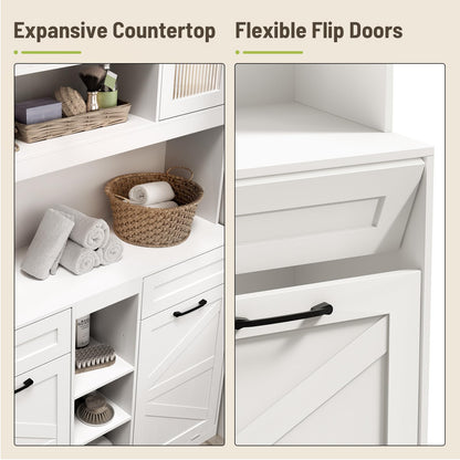 STHYTON Tall Tilt-Out Double Laundry Hamper Cabinet with 2x11-Gallon Hidden Laundry Basket, Tilt Out Trash Bin Cabinet with Fluted Glass Doors, Farmhouse Wooden Bathroom Storage with Push Doors, White