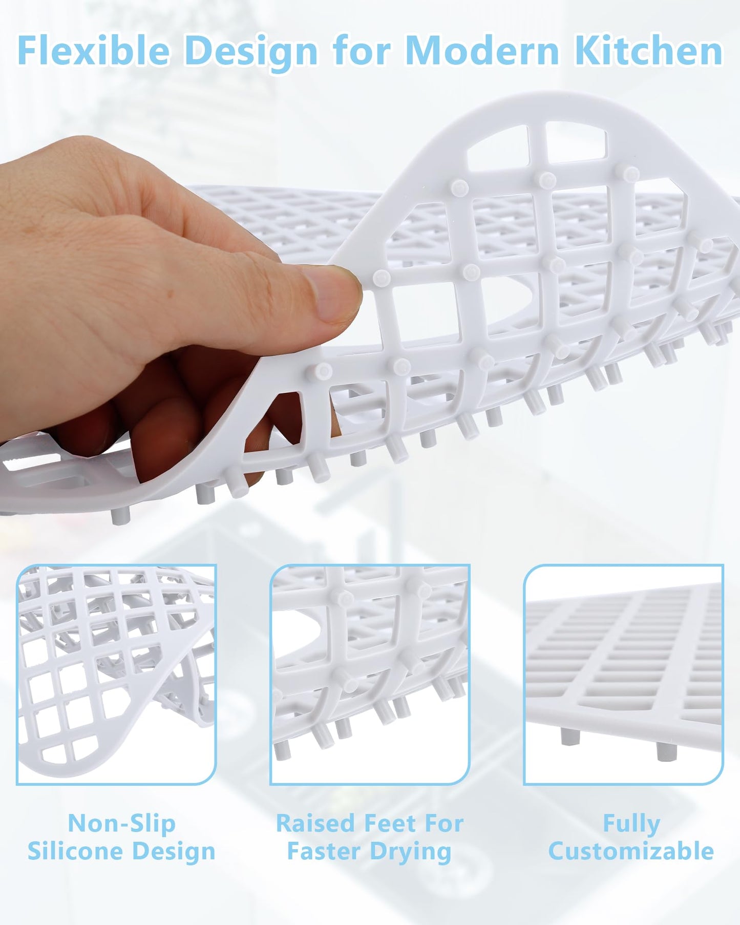 BEHOK 2 Pack Silicone Sink Protector for Kitchen Sink, Trellis Pattern 12 x 11" Sink Grid Mat Silicone Protectors, Center Drain, White