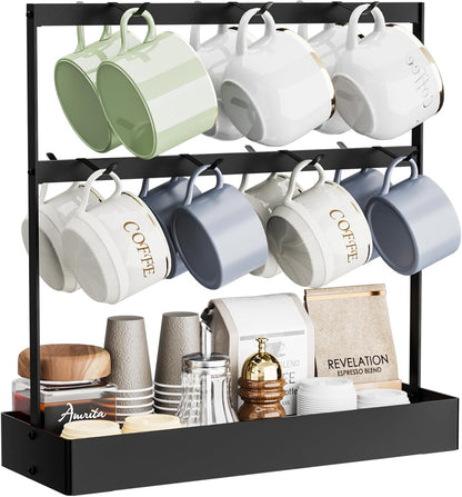 Coffee Mug Holder with Hooks, 14 Capacity 2 Tier Mug Tree Holder Rack for Countertop, Storage Base for Coffee Pods