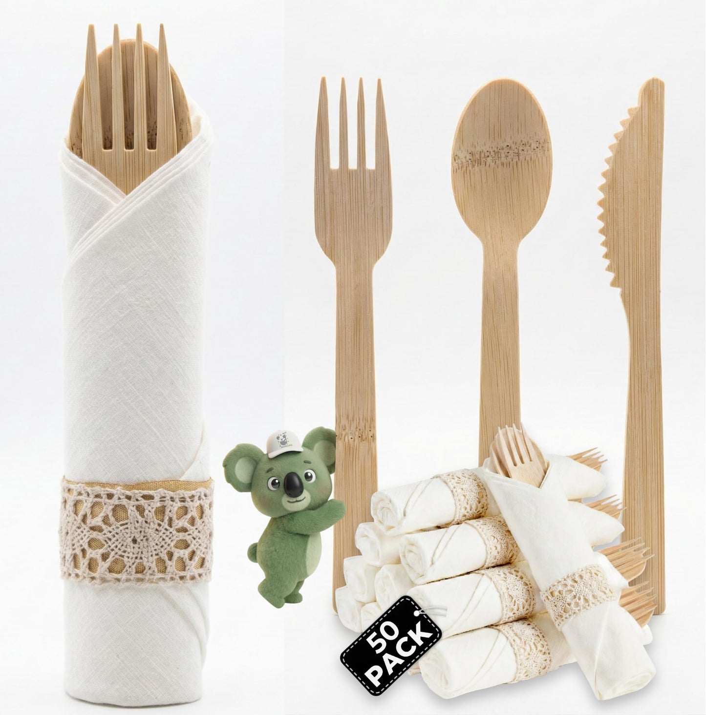Pre Rolled Napkin and Bamboo Cutlery Set - 50 Pack Bamboo Utensils Wooden Cutlery 50 Forks 50 Knives 50 Spoons 50 Napkins, Pre Wrapped Disposable Silverware Cutlery for Party, Wedding, Events