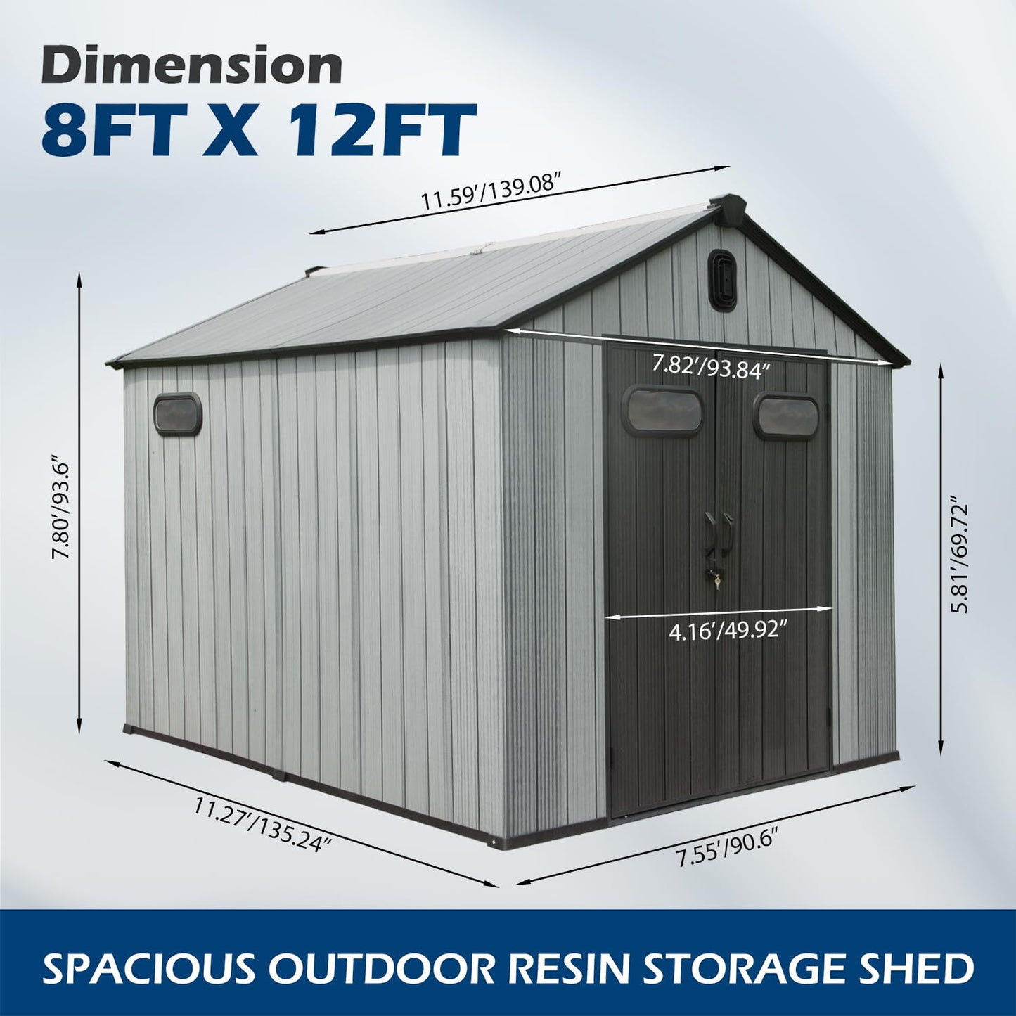 Domi 8x12Ft Resin Outdoor Storage Shed, Plastic Garden Shed with Carpet, Outside Weatherproof Storage Building for Tools, Bike, Lawn Mower, Patio, Backyard