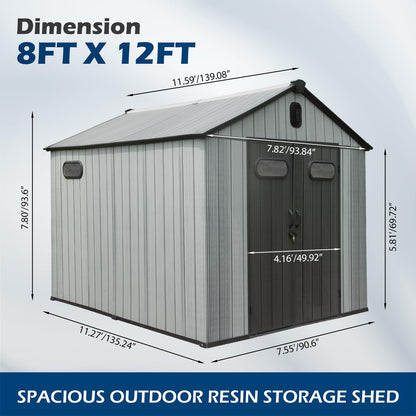 Domi 8x12Ft Resin Outdoor Storage Shed, Plastic Garden Shed with Carpet, Outside Weatherproof Storage Building for Tools, Bike, Lawn Mower, Patio, Backyard