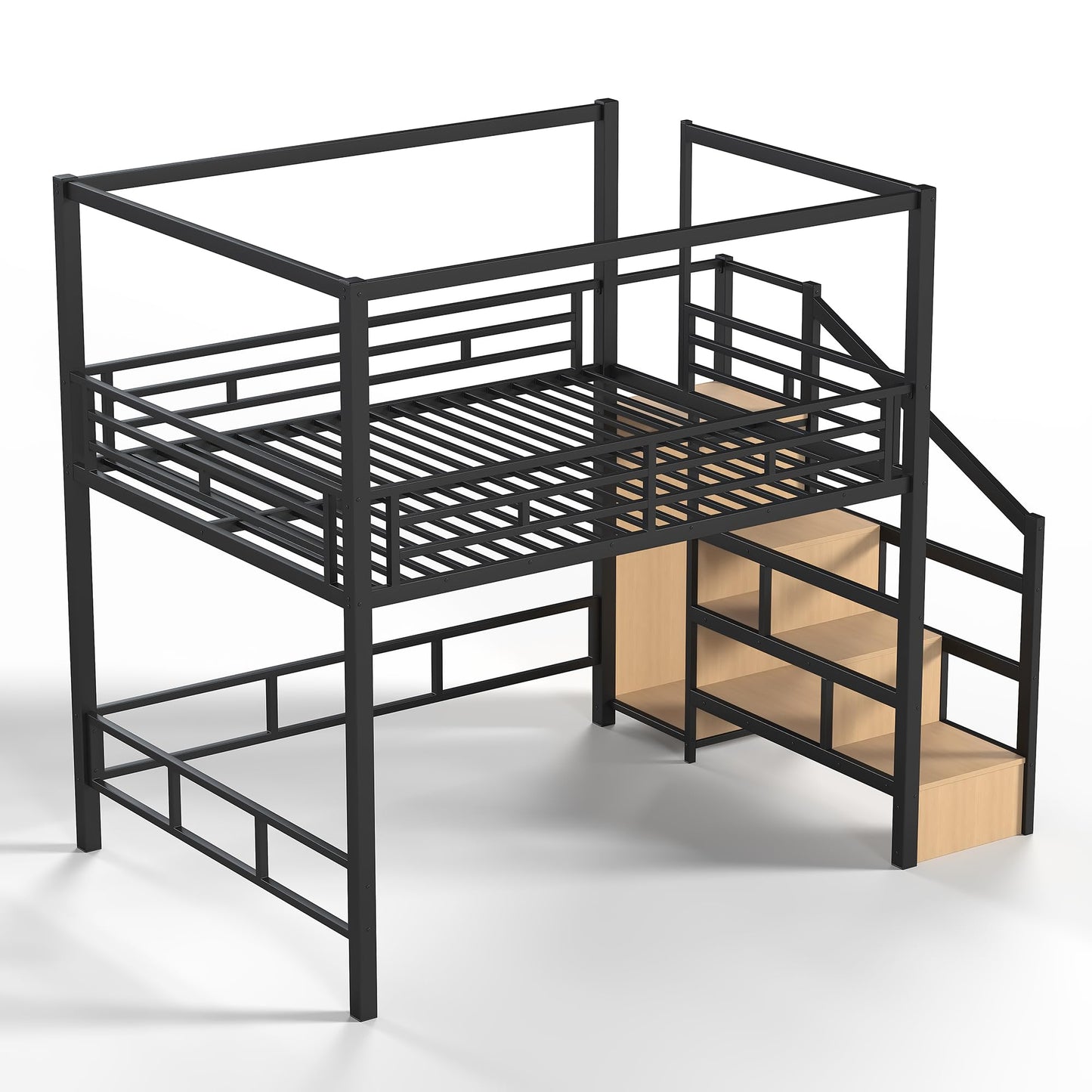 Bellemave Queen Size Loft Bed with Stairs and Wardrobe,Heavy Duty Metal Loft Bed Frame with Canopy for for Kids,Teens,Adults,Natural Wood