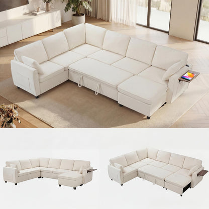 Modular Sectional Sleeper Sofa with Pull Out Bed, 116" Large U Shaped 7 Seater Sectional Couches with Ottoman, Charging Port & Foldable Side Table, Comfy Chenille Cloud Sofas for Living Room, Beige