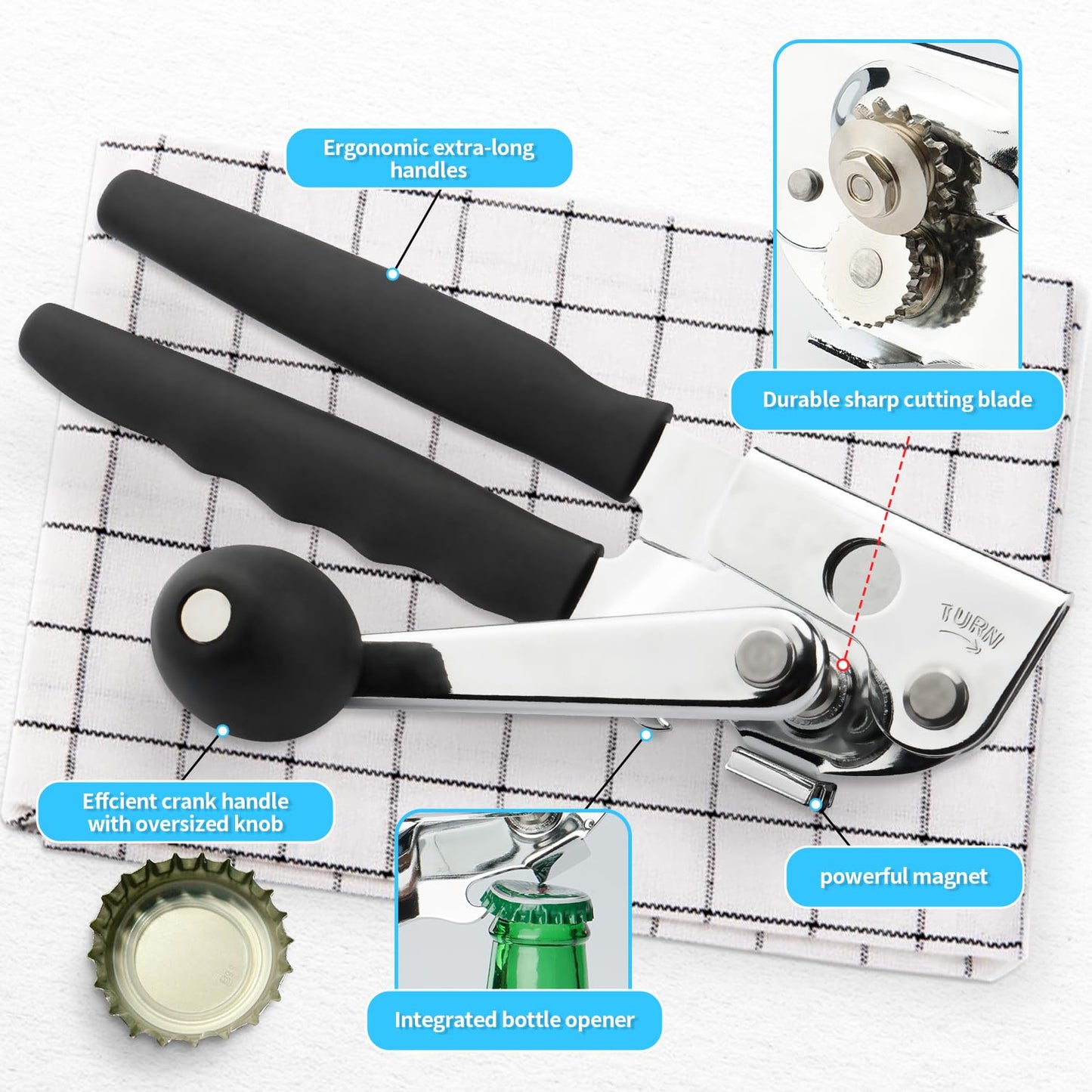 AGIgear Commercial Can Opener,Stainless Steel Heavy Duty Hand Crank Manual Can Openers with Comfortable Extra-long Handles,Ergonomic Design,Black
