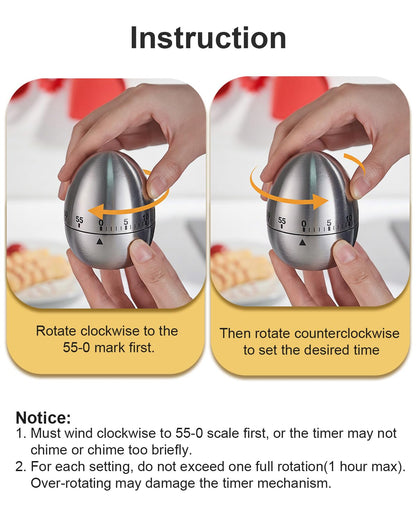 INTRESTIN Kitchen Timer for Cooking, 60 Minutes Mechanical Timer - No Batteries Required, Stainless Steel Egg-Shape Cute Countdown Clock for Cooking, Learning, Exercises, Gaming