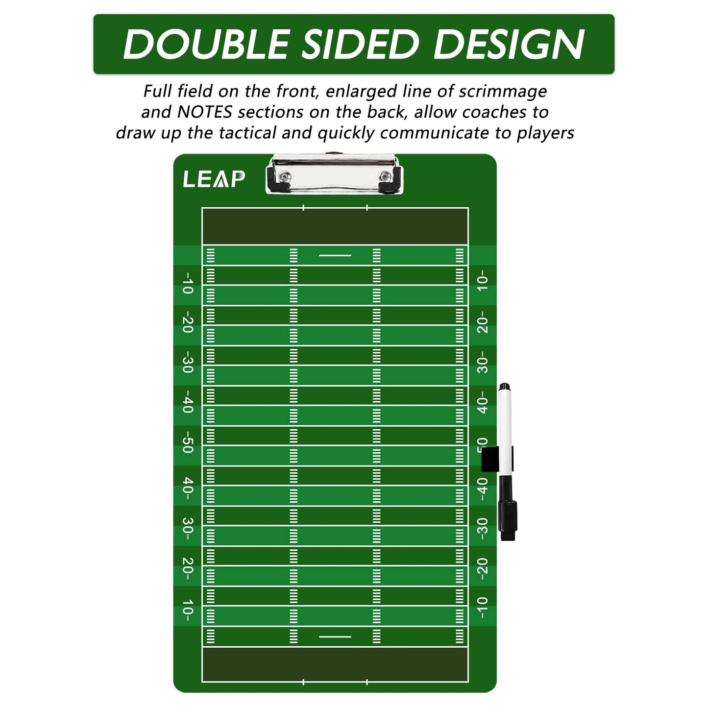 LEAP Coach Board Double Sided Design Premium Dry Erase Clipboard with Dry Erase Marker Pen and Pen Holder for Soccer, Basketball, Ice Hockey, Baseball, Football