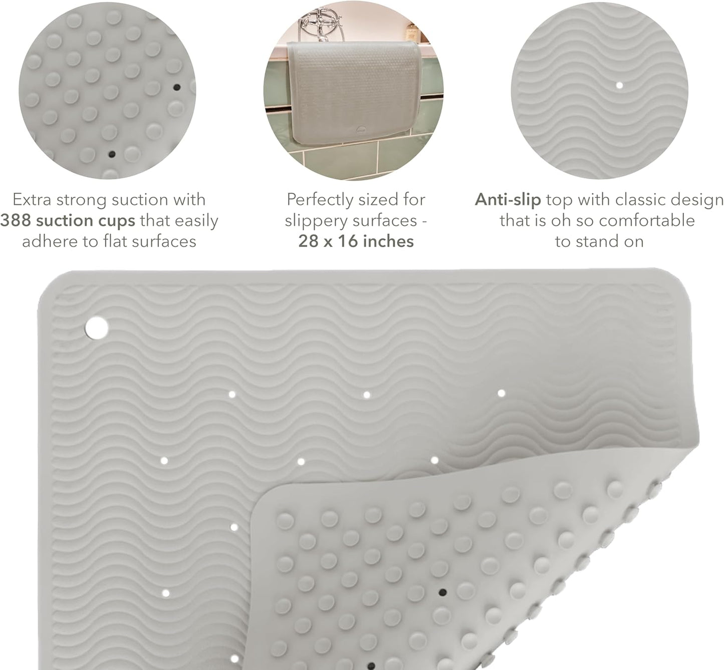 28 16 388 HEVEA Natural Rubber Wave Bath Mat Long in - Non-Slip Shower & Bathtub Mat with Suction Cups, Plastic-Free