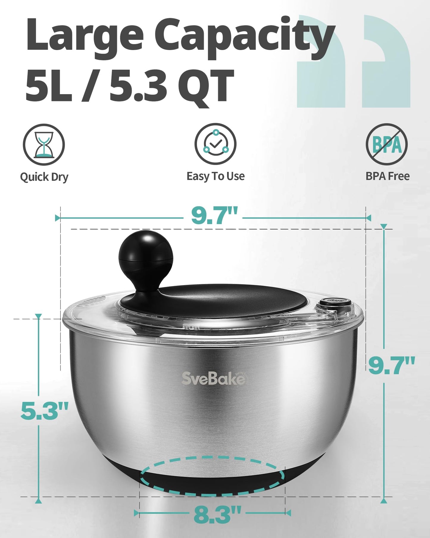 SveBake Stainless Steel Salad Spinner with Storage Lid, 5.3 Qt, BPA-Free, 4-in-1 Multi-Functional Lettuce Spinner, Fruit & Vegetable Washer, Easy Clean, Stop Button, Non-Slip Base