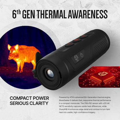 ATN BlazeTrek 6 Thermal Monocular, 6th Gen Thermal Engine, 384/640 Resolution, SharpIR AI, 50Hz, IP67, WiFi & Recording (384x288 Sensor, 18, x)