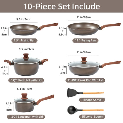RATWIA 10 Pcs Pots and Pans Set Non Stick, Kitchen Cookware Sets with Frying Pans, Saucepans, Steamer Compatible with All Stoves Restaurant,Black