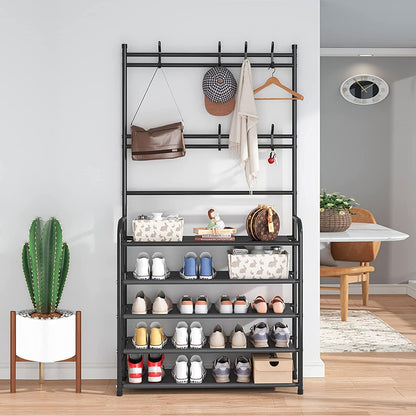 8 Closet 4 Shoe Rack Shoe Storage Shelf Freestanding with Hooks for Entryway Bedroom Tier, Black