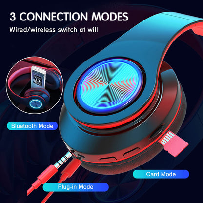 YTYC Bluetooth Headphones Over Ear Headphones with Deep Bass LED Foldable Stereo Headphones, Wired and Wireless Headset for Smart Phone/TV/PC(Red/Black)