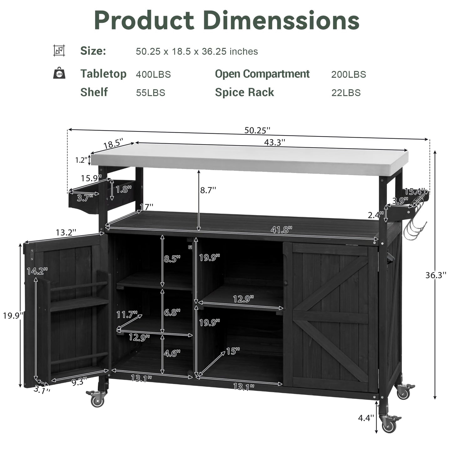 Ball & Cast Outdoor Kitchen Island,Rolling Bar Cart & Storage Cabinet,Farmhouse Solid Wood Outdoor Grill Table with Stainless Steel Top,Spice and Towel Rack,for Kitchen,Barbecue,Black,50.25"