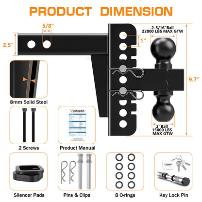 Vullteeon Adjustable Trailer Hitch, Drop Hitch for 2.5 Inch Receiver, Tow Hitch with 6 Inch Drop/Rise, 2" & 2-5/16" Ball Hitches for Trucks, 22,000 LBS GTW, Trailer Hitches with Anti-Theft Pin