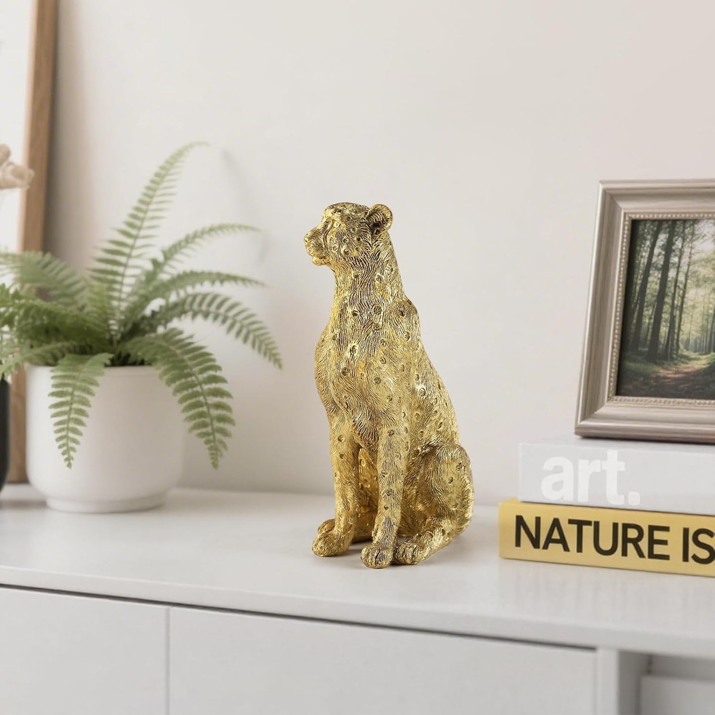 8" Cheetah Statue for Home Decor, Resin Sitting Leopard Sculpture, Gold Desktop Decoration for Living Room, Dining
