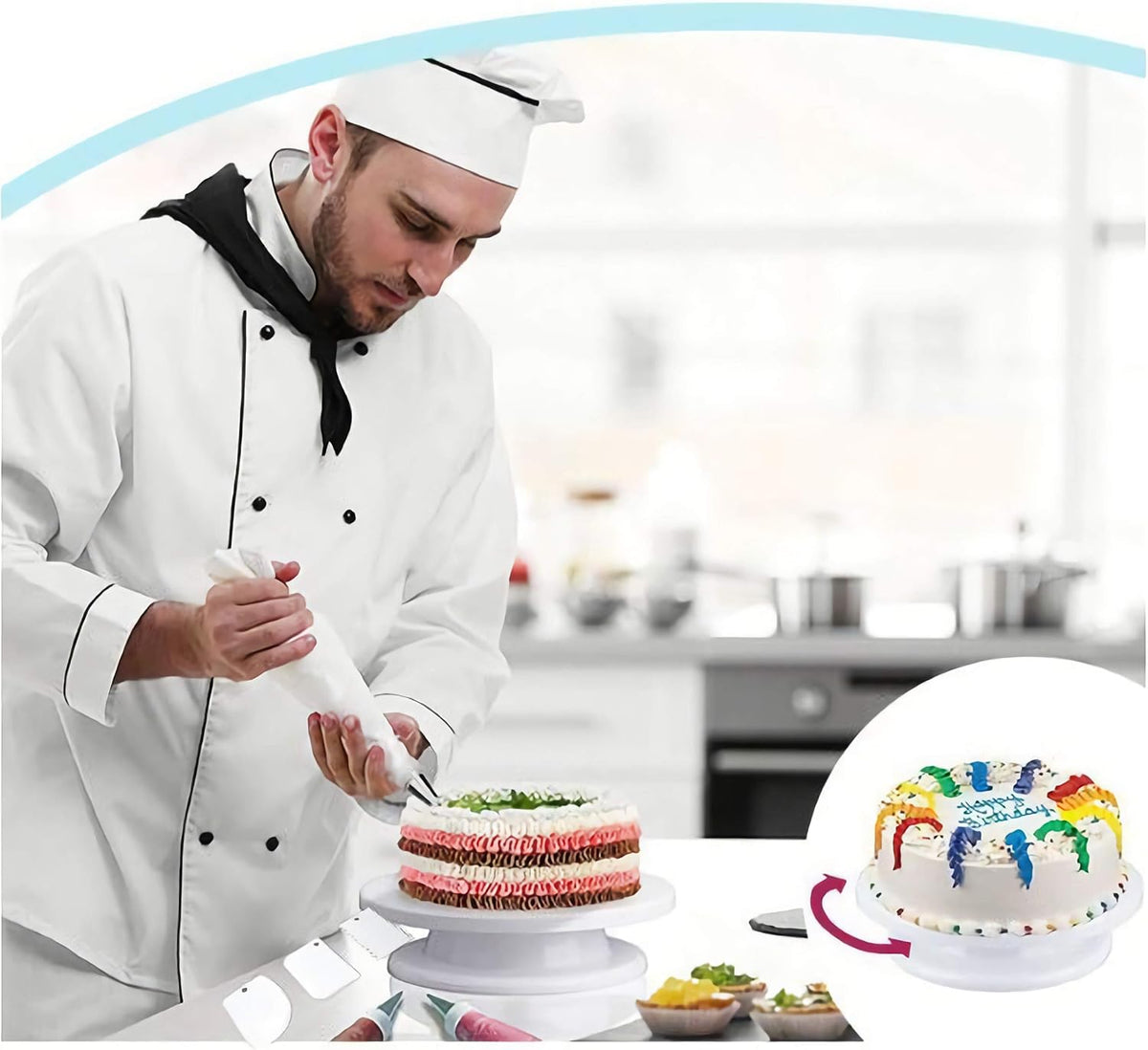 KNC 11 Inch Rotating Cake Turntable with 3x Icing Smoother, Cake Decorating Tools, White Baking Supplies
