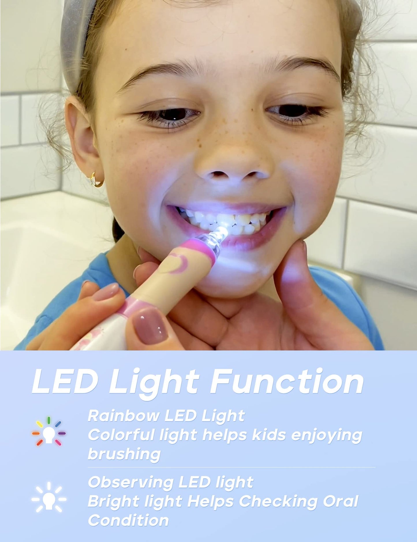 SEAGO Kids Electric Toothbrush with 2 Mins Brushing Timer and 8 Replacement Bursh Heads,Rainbow LED Light Make Brushing Fun, Pink Color Girls Battery Powerd Toothbrush for 4-12 Years Old