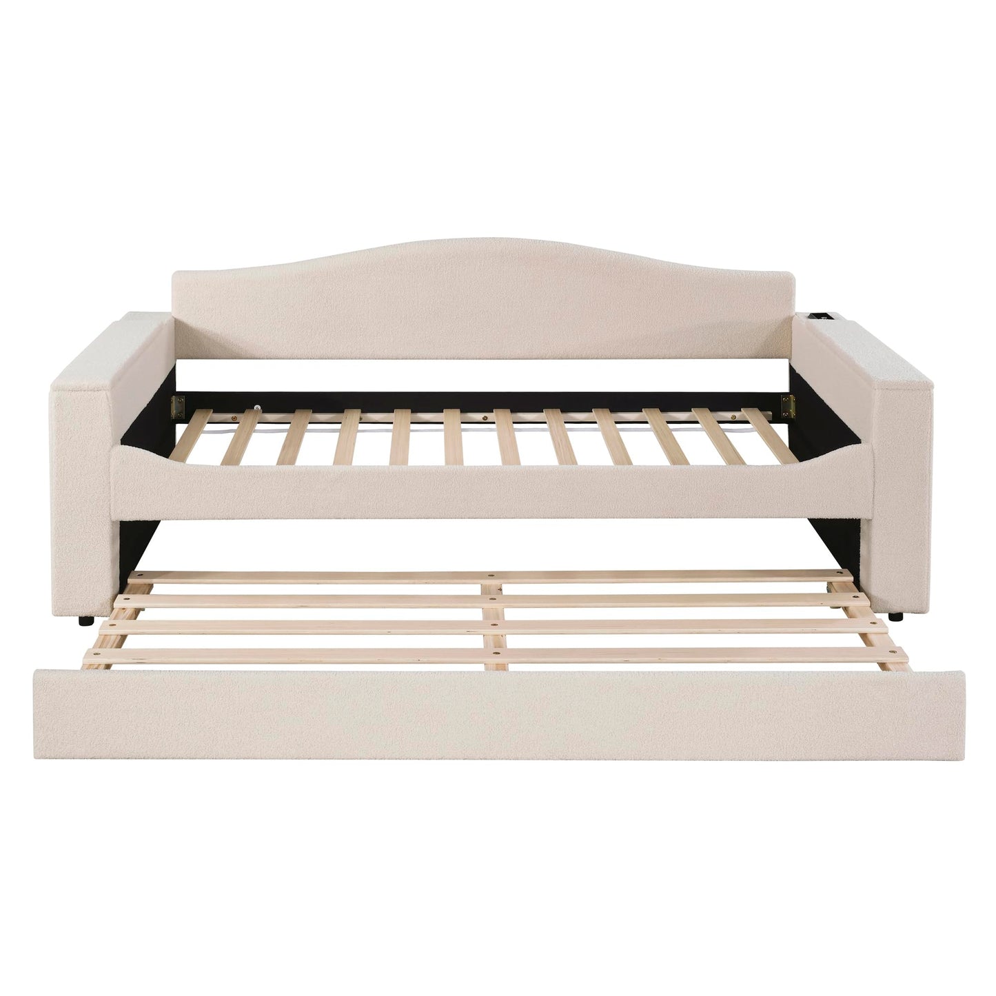 Twin Upholstered Daybed with Storage Armrests, Trundle and Latest Integrated Bluetooth Audio System