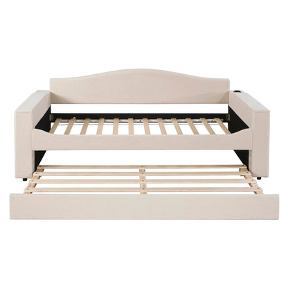 Twin Upholstered Daybed with Storage Armrests, Trundle and Latest Integrated Bluetooth Audio System