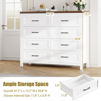 Jocoevol Farmhouse Dresser 8 Drawer Dresser for Bedroom, Large Wooden Dressers Double Grey Dresser with Deep Drawers Dressers for Hallway, Entryway (White and Brown)